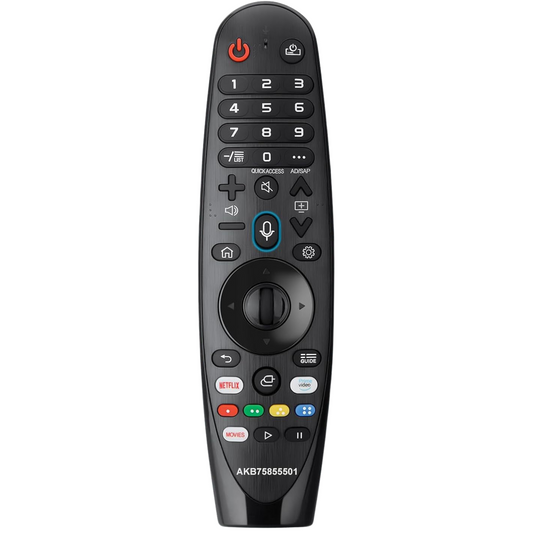 An LG Magic Remote control with a power button, number pad, and various function buttons including voice commands and streaming service dedicated buttons.